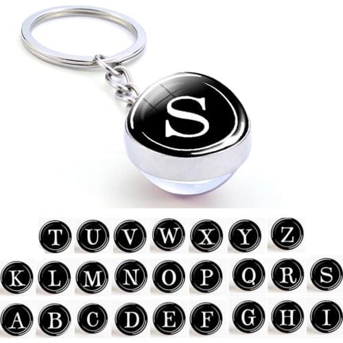 26 Alphabet Letters Print Glass Ball Keychain Stainless Steel Initials Key Chain Ring Name Keychain