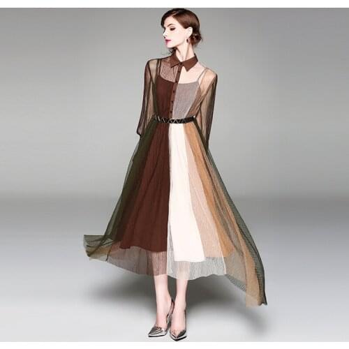 Spot Summer New Slim Slimming Lace Contrast Color Waist Mesh Dress