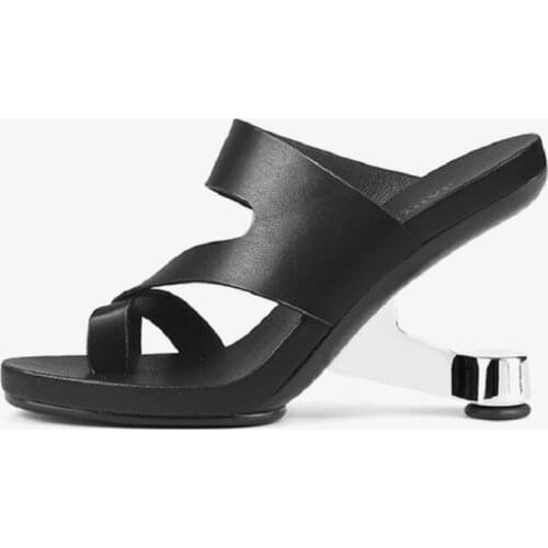 Summer New OutSide Metal Strange High Heels Peep Toe Cut Out Platform Cross Strap Genuine Leather Women Gladiator Slippers