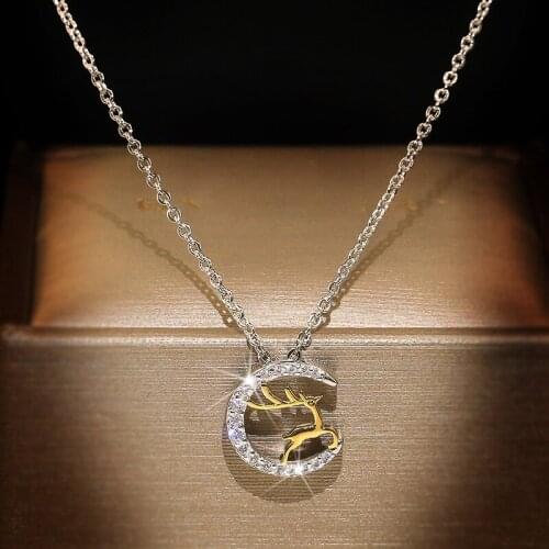 Cute Elk and Moon Silver Color Pendant with Bling Zircon Stone Long Chain Necklace for Women Fashion Jewelry 2020 New