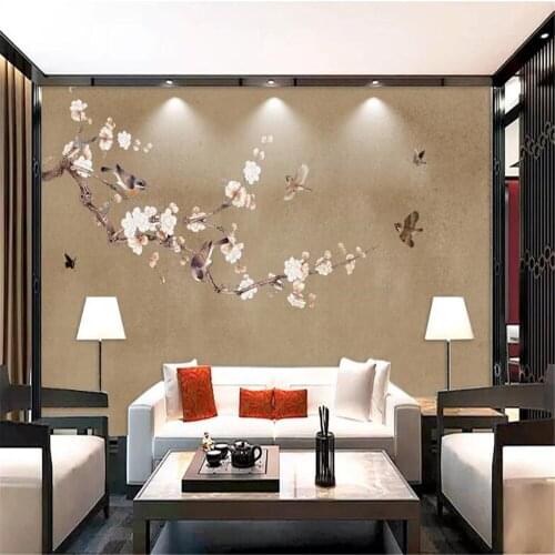 Milofi hand-painted flowers and birds brushwork plum blossoms happy plum blossom TV background wall paper mural
