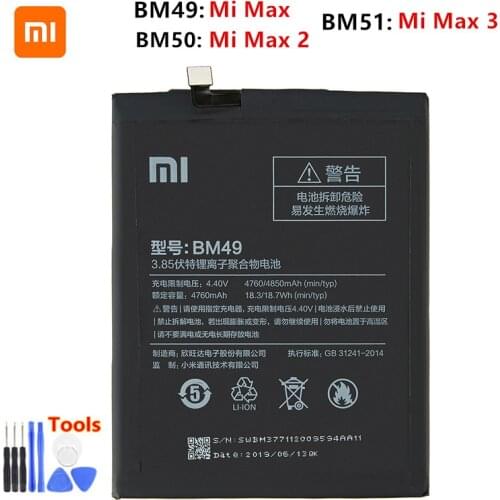 Xiao mi 100% Orginal BM49 BM50 BM51 Battery For Xiaomi Mi Max Max 2 Max 3 BM49 BM50 BM51 Phone Replacement Batteries +Tools
