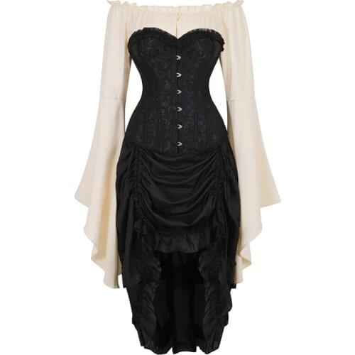 Sexy corset dress top shirt skirt 3-piece costume cosplay gothic steel bone corsets bustier plus size burlesque medieval korsett