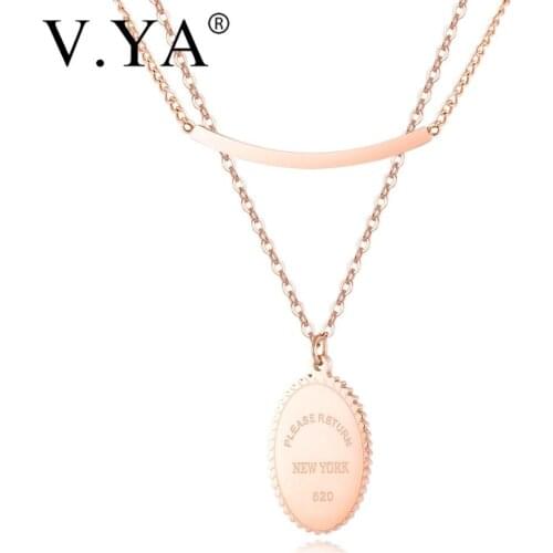 V.YA Fashion Stainless Steel Necklace Double-layer Necklaces For Women Round Brand Letter Pendant Chain Jewelry Accessories Gift