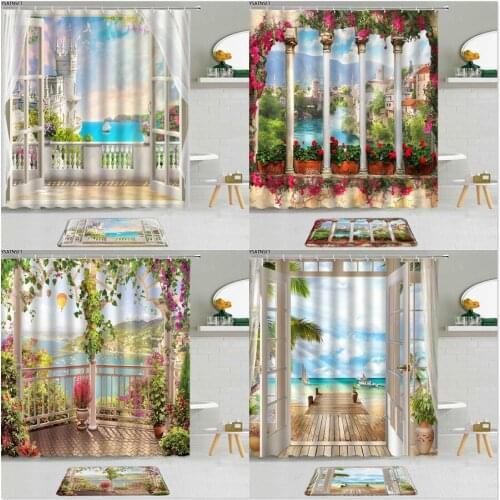 2Pcs European Architecture Landscape Shower Curtain Ocean Beach Flower Green Plant Non-Slip Bath Mat Decor Bathroom Curtains Set