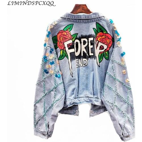 2020 New Jeans Coat Letters Print Diamonds Denim Jacket 2020 Spring Autumn Fashion Pockets BF Outwear clothes jaqueta feminina
