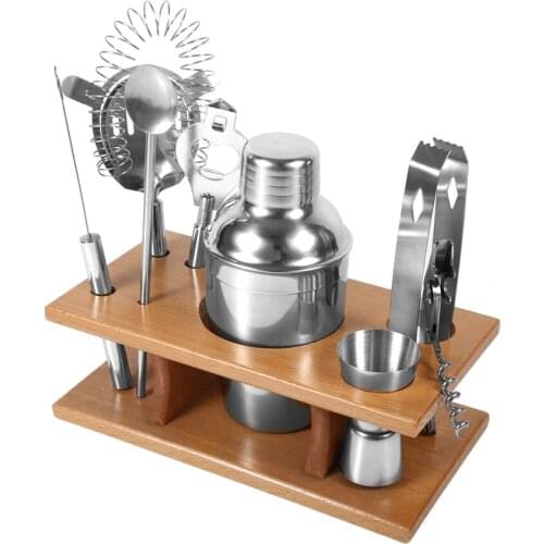 8pcs Stainless Steel Cocktail Shaker Mixer Drinker with Wood Holder Stand Drinking Tool Bar Set