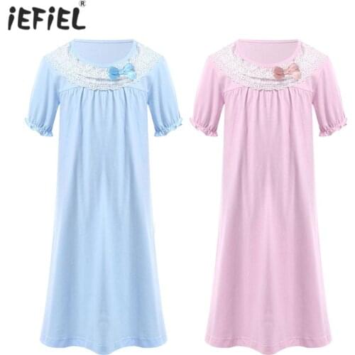 Kids Girls Nightgown Cotton Short Sleeve A-line Dress Robe Princess Nightdress Children Home Wear Lounge Sleepwear Pajamas Dress