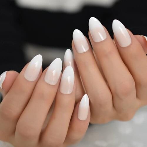 Almond Shiny White Natural False Nail Gradient Daily Full Cover Fake Nail Tips French Medium DIY Pratice Nail Art Tips 24Ct