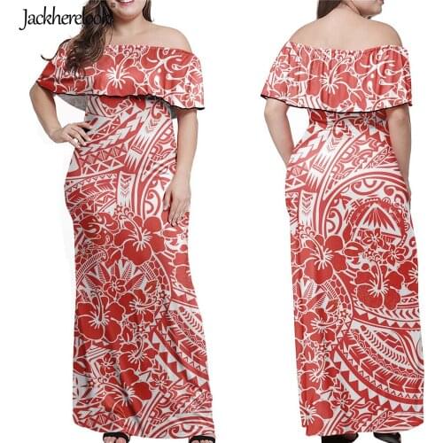 Jackherelook Summer Spring Sexy Off Shoulder Dresses for Girls Womens Vestdios Polynesian Tattoo Flower Print Long Maxi Dress