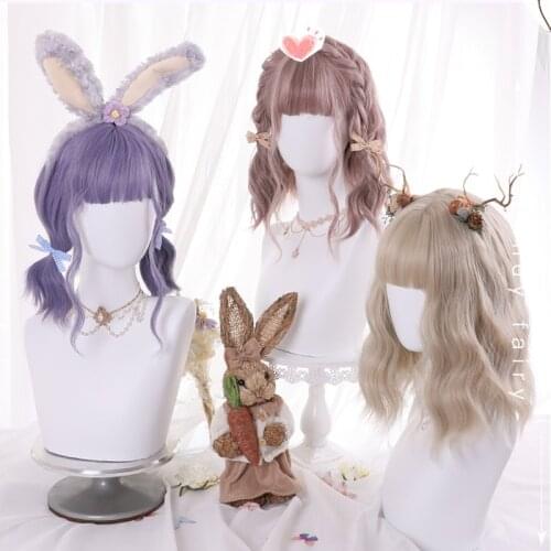 3 Colors Kawaii Lolita Wig Harajuku Pink Purple Pale Blonde Shoulder Long Wavy Curly Hair Chic Girls Bestie Cosplay Casual Wear