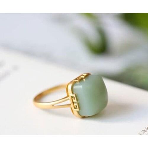 S925 Sterling Silver Ring Vintage Jade Ring Natural Hetian Jade Gray Jade Open-End Personality Ring Ring Ornament Female