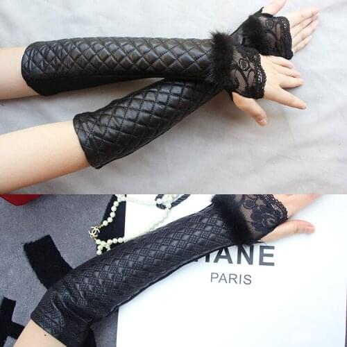 Leather Gloves Female Mink Wool Gloves Show Lace Sheep Skin Warm Long Gloves in Autumn and Winter
