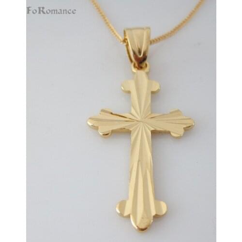 Min order 10$/Can Mix Design/- YELLOW GOLD OVERLAY 18" CIRCLE LINK NECKLACE & JESUS CROSS GOD CUTE CARVED PENDANT HANGS 1.77"