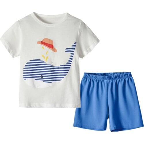 Fashion Children Two-piece Outfit Cartoon Printed Short Sleeve T-shirt +Plain Shorts Casual Style Clothes 1-4Y