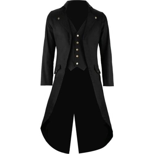 Mens Gothic Tailcoat Jacket Steampunk Trench Cosplay Costume Victorian Coat Black Long Coat Mens Tuxedo Suit Halloween Party