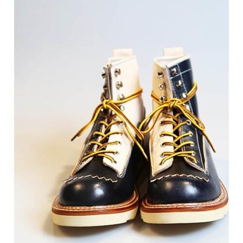 New Japanese Retro Patchwork Genuine Leather Boots Men Round Toe Lace Up Motorcycle Ankle Boots Casual Men Leather Shoes