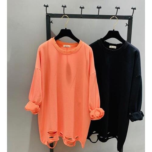 Spring and Autumn New Loose Korean-Style Long-Sleeved Mid-Length round Neckline T-shirt Cotton Hole Top Women