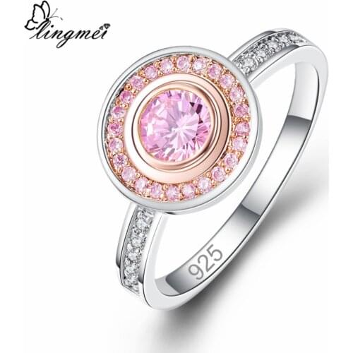 Lingmei Wholesale Pink & Yellow & White Cubic Zircon Silver Dazzling Jewelry Rings For Women Engagement Wedding Ring Size 6789