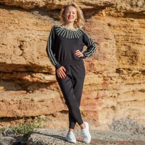 Autumn Winter Sweaters Pants Set Beading Knitted Pullover Tops + Tousers 2 Piece Tracksuits Womens Christmas Clothing