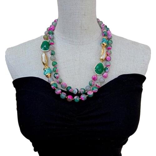 YYGEM 2Strands fuchsia Green Faceted Agate White Biwa Pearl Crystal Turquoise choker Necklace