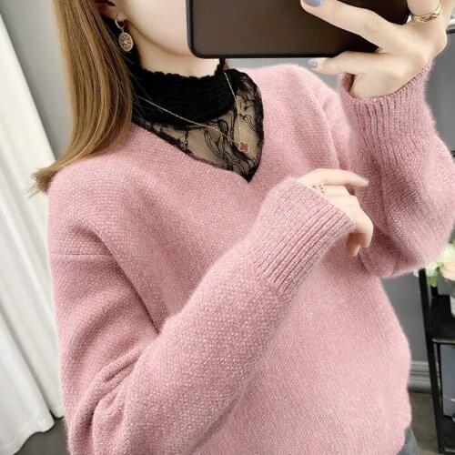 Women Pullover Lace Winter Oversized Sweater Women 2020 Elegant Knitted Basic Pullovers O Neck Loose Soft Female Cashmere Jumper