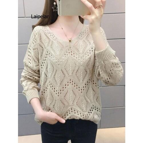 Summer Pullover Women Hollow Out Knitted Tops Autumn Batwing V-Neck Thin Female Pullovers Pull Femme Sweater Tops for Women
