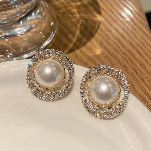 XIYANIKE Round Full Rhinestone Pearl Stud Earrings Fairy Simple Earrings Brincos 2021 New For Women Gift Fashion Party Jewelry
