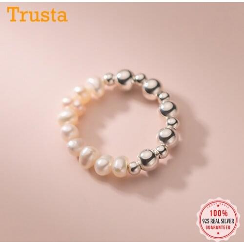 Trustdavis Minimalist Real 925 Sterling Silver Fashion Sweet Pearl Beads Elastic Rings For Women Wedding Party S925 Jewelry DA72