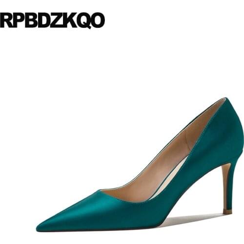 Pumps Girls Prom Dress Pointed Toe Medium Heels Women Satin Turquoise Wedding Shoes Bride Scarpin Bridesmaid 8cm High Quality