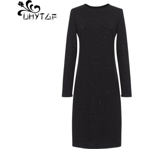 UHYTGF Autumn Winter Fashion Dress 5XL Plus Size knitting Dresses Slim Knee-Length Women Dress Sexy Party Office Wear Dress X641