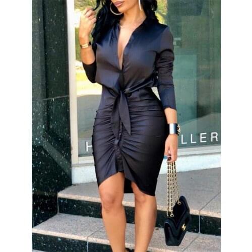 WJFZQM Turn-Down Collar Women Shirt Dresses Club Party Long Sleeve Button Mini Dress Bandage Ruched Bodycon Black Party Dresses