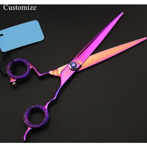 Customize logo japan 440c 7 inch purple Pet dog grooming hair scissors cutting barber makas dog cut shears hairdressing scissors