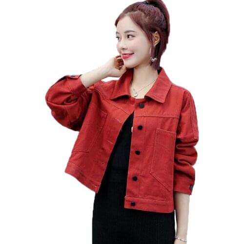 Spring Autumn 2021 Women Denim Jacket Korean Casual Turn-down Collar Long Sleeve Cropped Jacket Fashion Slim Red Denim Coat