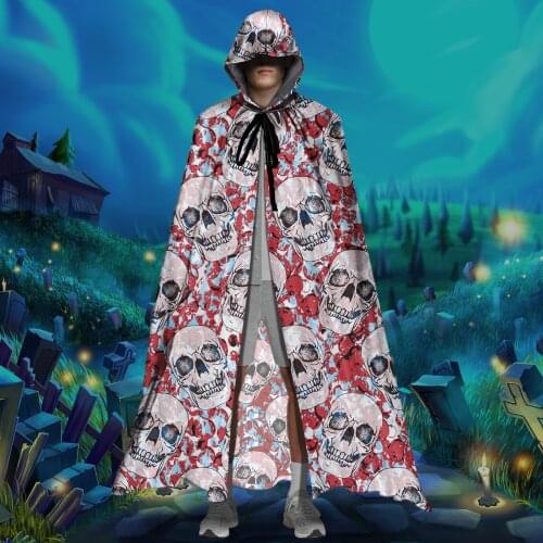 Women Hooded Cloak Cape Halloween Open Front Poncho Sugar Skull Brand Design Costume Cosplay Outerwear with Full Length Clothing
