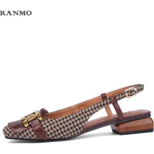 2021 New Retro Style Female Summer Fashion Low-heeled Square Head Leather Hollow Fine Heel Baotou Metal Decoration Woman Sandals