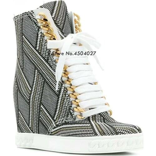 Newest Spring Women Boots Gold Chain Wedges Platform Boots Hidden Heel Shoes Lace Up Ankle Boots For Woman