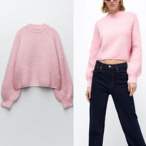 ZA 2021 Loose Pink Knit Winter Sweater Women O Neck Long Sleeve Elegant Pullovers Feminine Fashion Cropped Sweaters knitted tops