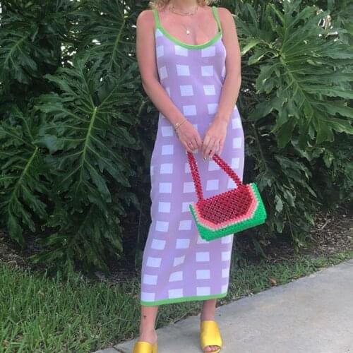 Plaid Knitted Backless Dress Sleeveles Women Vintage Bodycon Strap Midi Dresses Long Beach Y2K Casual 2021 Summer New Dress