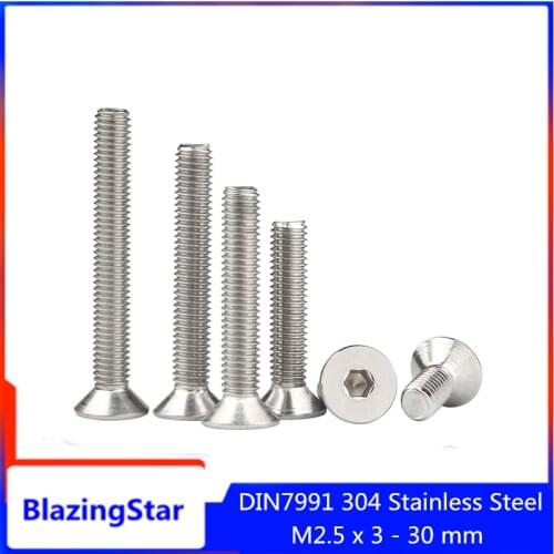 100PCS M2.5 Hexagon Hex Socket Flat Head Screw 304 Stainless Steel Din7991 Allen Cap Countersunk Screw Bolt Furniture Screws