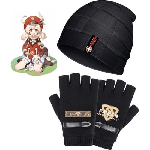 Anime winter protective equipment Game Genshin Impact Cosplay props Paimon plus fleece gloves Klee knit plush dome hat Kids gift