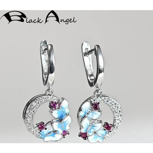 BLACK ANGEL Fashion Blue Enamel Cute Three Dancing Butterfly 925 Silver Fashion CZ Clip Earrings 2020 New Jewelry Wholesale