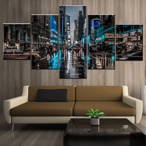 Decor Living Room Wall Art Framed Modern HD Prints 5 Panel City Street Car Night Scene Paintings Artworks Poster Modular Picture