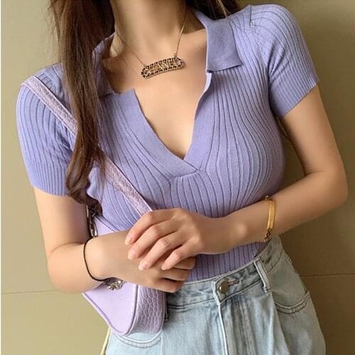 HELIAR Summer Vintage Polo Shirts Women Sexy Top Cropped Rib Short Sleeve T-shirts Solid Slim Fit Female Tees Mujer Camisetas