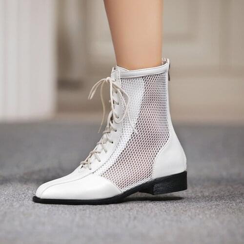 Summer Breathable Polka Dot Pattern Hand-Stitched Sexy Womens Boots Low Heel Lace-Up Back Zipper PU Cool Womens Shoes