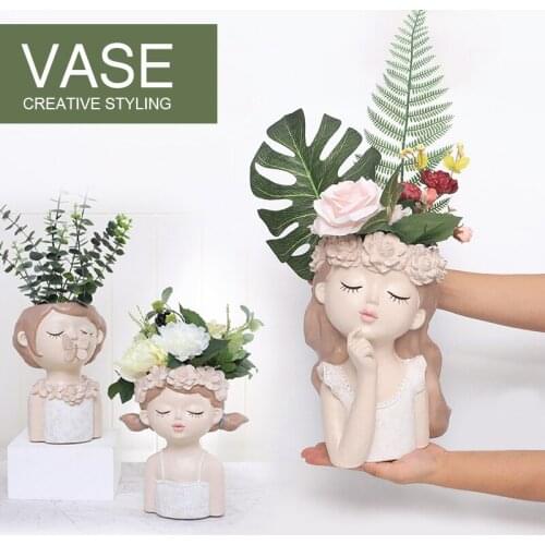 Cute Girl Resin Vase Flower Pot Flower Arrangement Micro Landscape Succulent Flower Pot For Home Desktop Art Bonsai Plant Pot