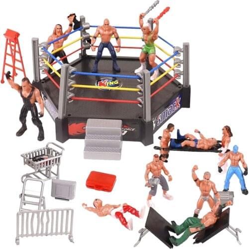 Mini Wrestling Figure Playset Cage Warriors 12 Little Powerful Wrestlers Hammer Broken Table Chair Ring