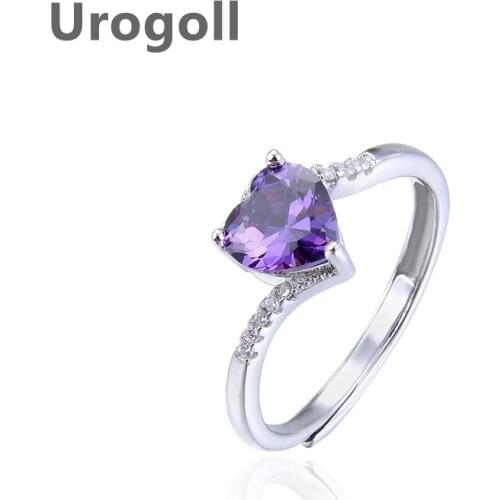 Pure 100% 925 Sterling Silver Ring Love Heart Purple Zircon Rhinestone Fashion Ring Gift For Women Girl Wedding Bride