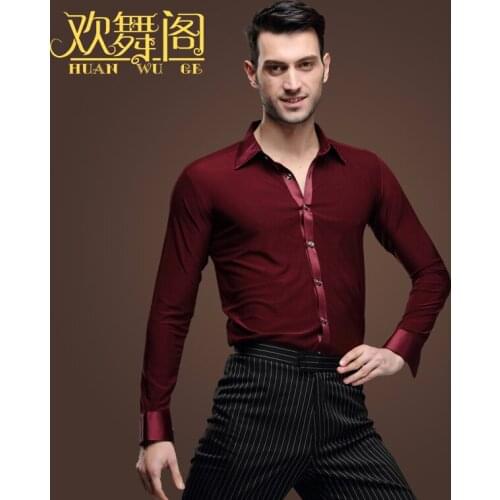 New Latin Dance Shirts Male Adult Clothing Square Dance Top Modern Rumba Cha Cha Samba Tango Salsa Dance Shirt wine red ,blue