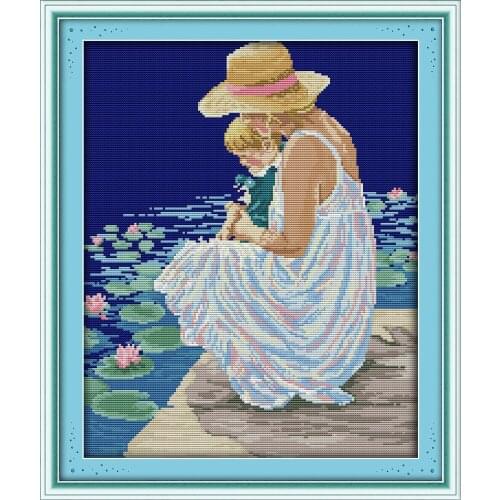 Mother and son watching fish cross stitch kit people aida 14st 11ct count canvas stitches embroidery DIY handmade needlework